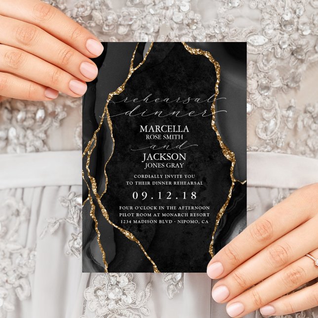 Black Marble & Gold Agate Dinner Rehearsal Invitation (Creator Uploaded)
