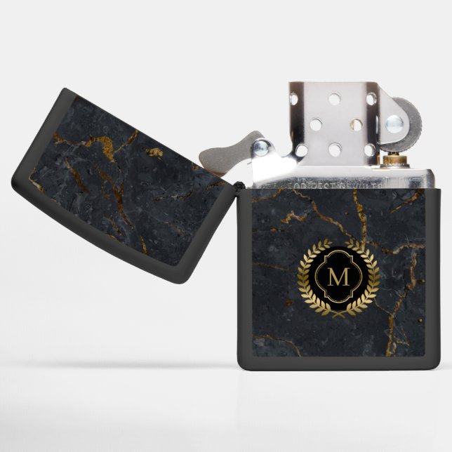 Black Marble Gold Badge Monogram Zippo Lighter (Opened)