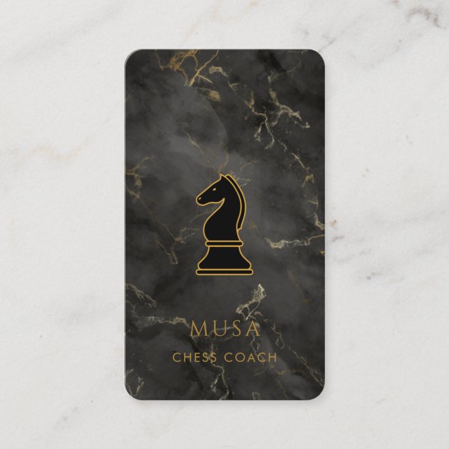 Black Marble & Gold Chess Coach Business Card (Front)