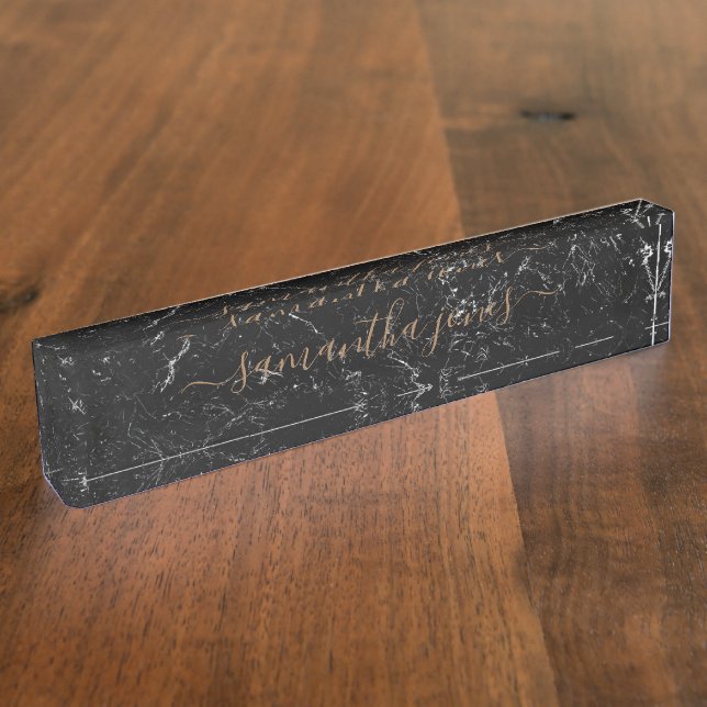 Black Marble Gold Classic Personalized Desk Name Plate (Side)