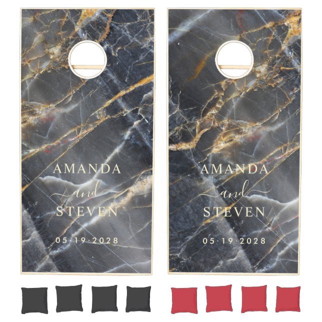Black Marble & Gold Couple Names with Wedding Date Cornhole Set (Set)