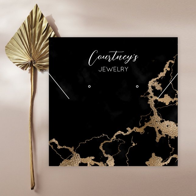Black Marble & Gold Earring Jewelry Display Cards (Black marble and gold glitter square jewelry display tags)