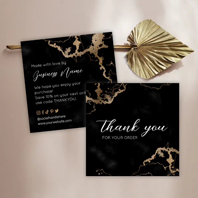 Black Marble Gold Elegant Thank You For Purchase Square Business Card ...