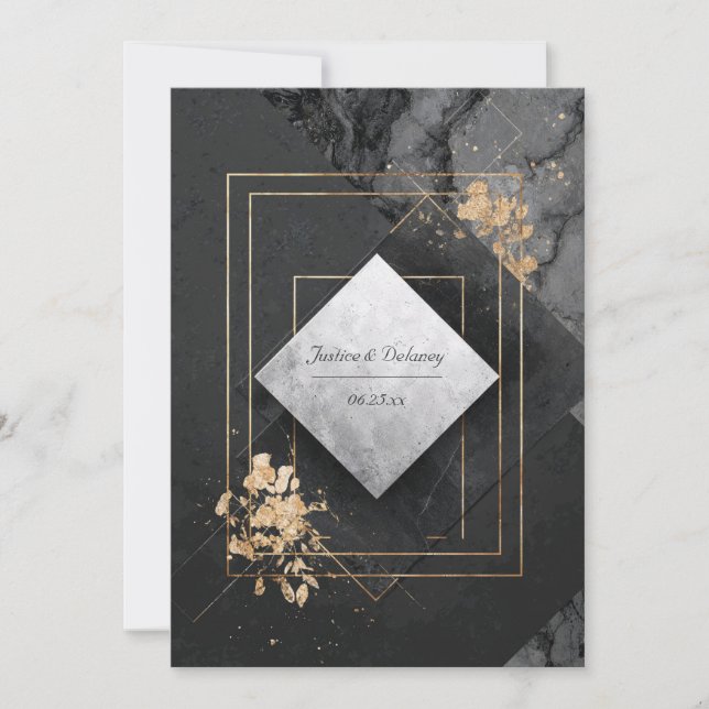 Black Marble Gold Foil Concrete Geometric Diamond Invitation (Front)