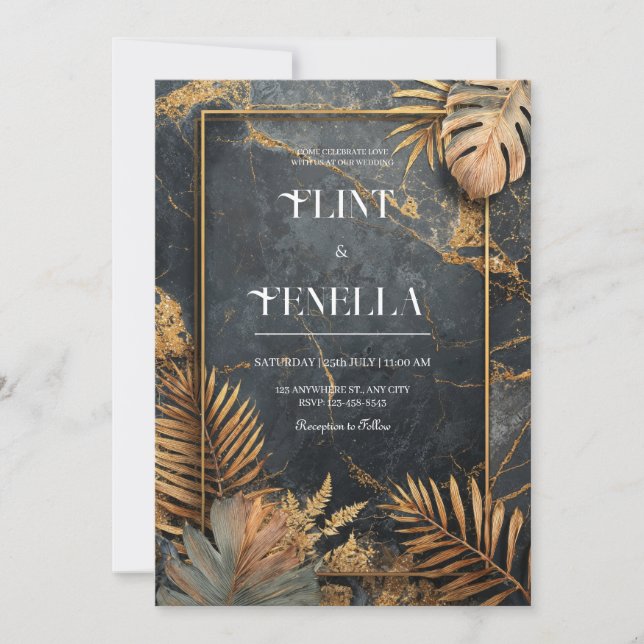 Black Marble Gold Foil Tropical Leaf Modern Weddin Invitation (Front)