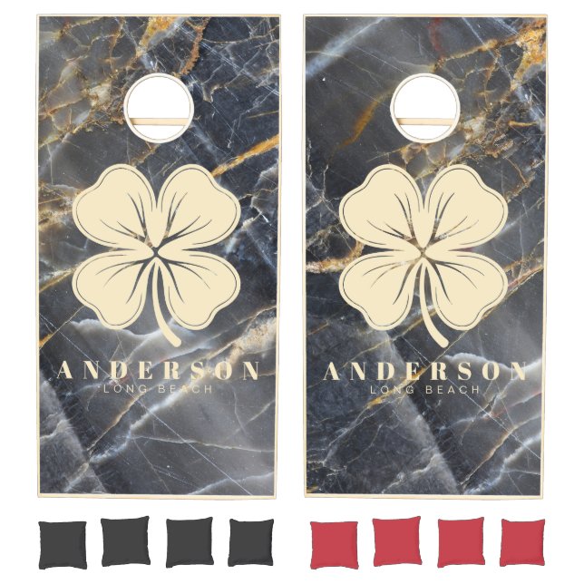 Black Marble & Gold Four Leaf Clover with Name Cornhole Set (Set)