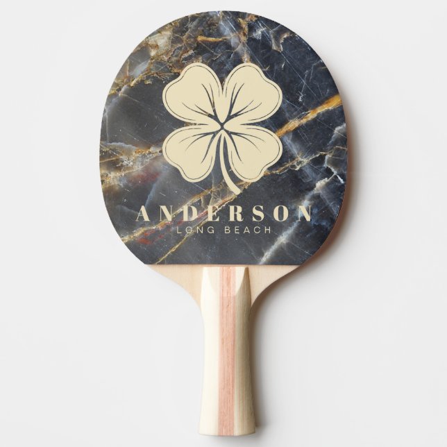 Black Marble & Gold Four Leaf Clover with Name Ping Pong Paddle (Front)