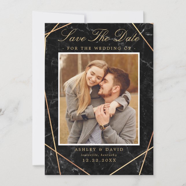 Black Marble Gold Geometric Photo Save The Date (Front)