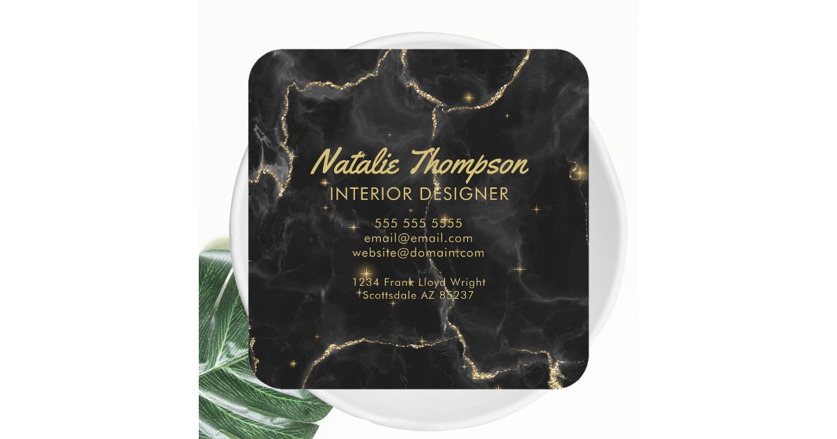Black Marble Gold Glitter Elegant Front and Back Square Business Card ...