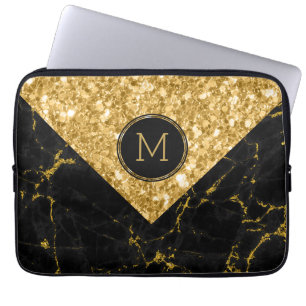 Black Marble & Gold Glitter Geometric Design Laptop Sleeve