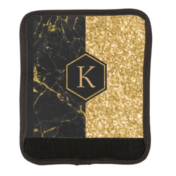 Black Marble & Gold Glitter Geometric Design Luggage Handle Wrap by artOnWear at Zazzle