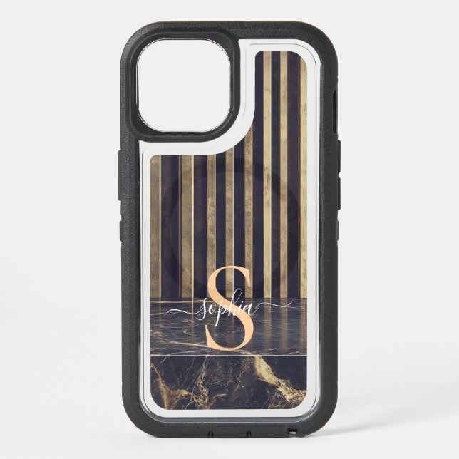 black marble gold glitter monogram iPhone 15 case (Back)