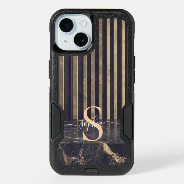 black marble gold glitter monogram iPhone 15 case (Back)