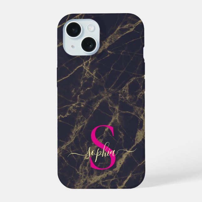 black  marble gold glitter monogram iphone case (Back)