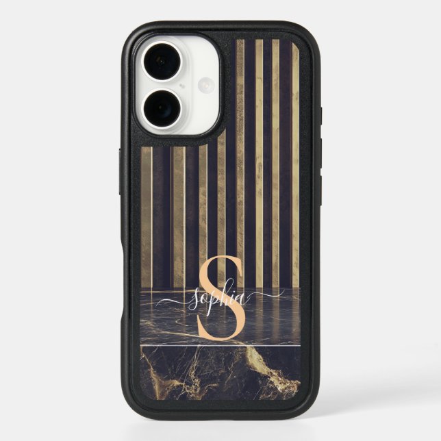 black marble gold glitter monogram otterbox iPhone case (Back)