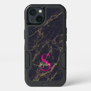 black  marble gold glitter monogram iPhone 13 case
