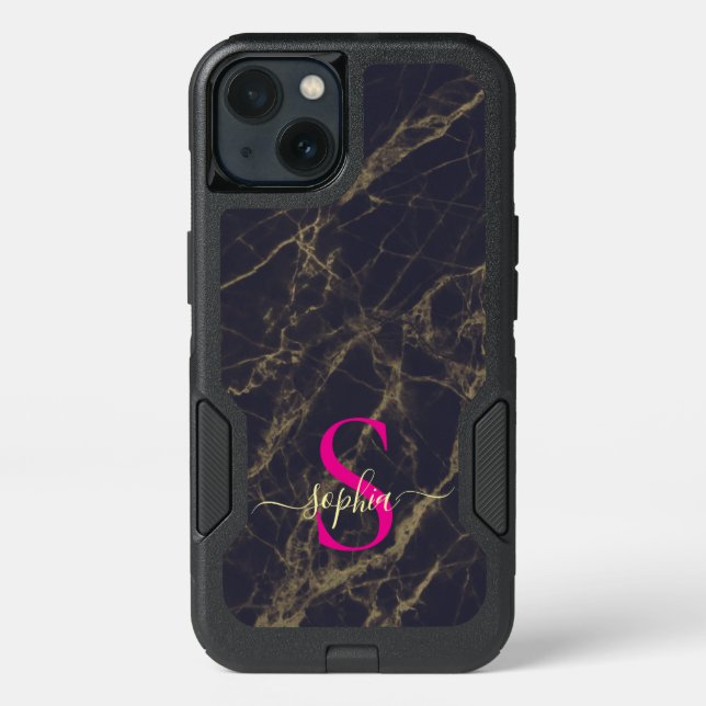 black  marble gold glitter monogram otterbox iPhone case (Back)