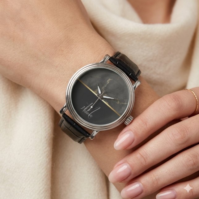 Black marble gold glitter monogram watch (Creator Uploaded)