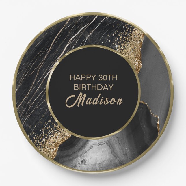 Black Marble Gold Glitter  Paper Plates (Front)
