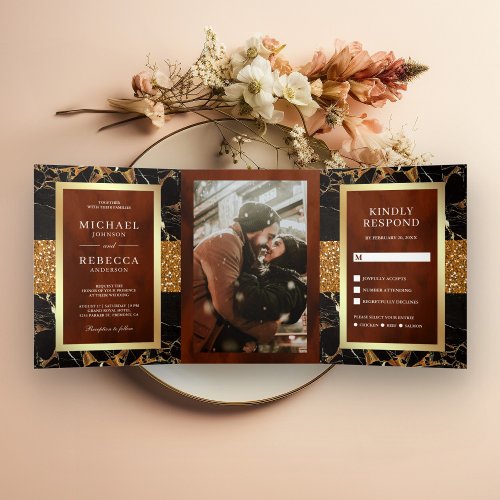 Black Marble Gold Glitter Terracotta Wedding Tri_Fold Invitation