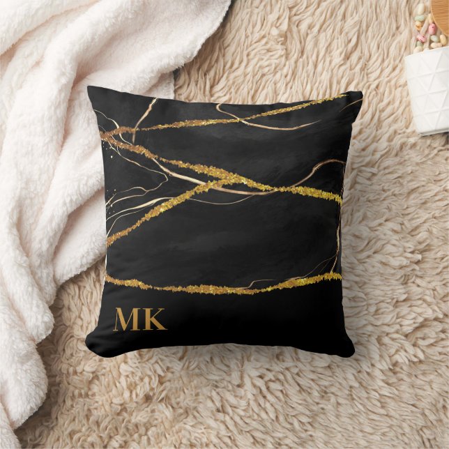 Black Marble Gold Glitter Throw Pillow (Blanket)
