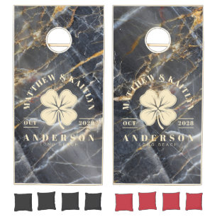 Black Marble Gold Irish Lucky Clover Wedding Crest Cornhole Set