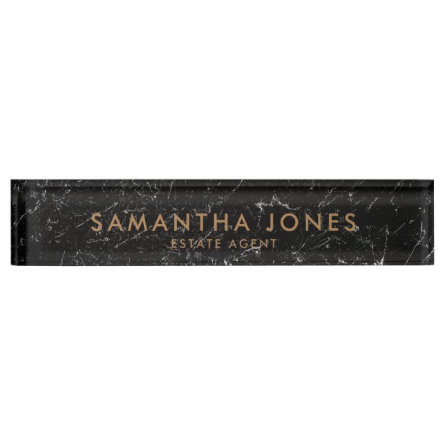 Black Marble Gold Minimal Estate Agent Nameplate (Front)