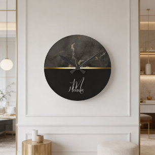 Black marble gold monogram round clock