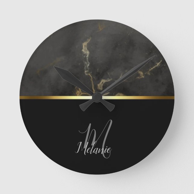 Black marble gold monogram round clock (Front)