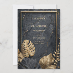 Black Marble Gold Monstera Tropical Modern Wedding Invitation