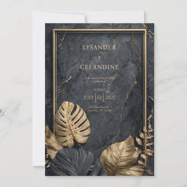 Black Marble Gold Monstera Tropical Modern Wedding Invitation (Front)
