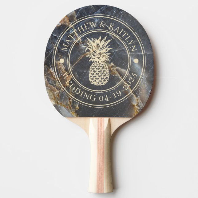 Black Marble & Gold Pineapple Wedding Crest & Name Ping Pong Paddle (Front)