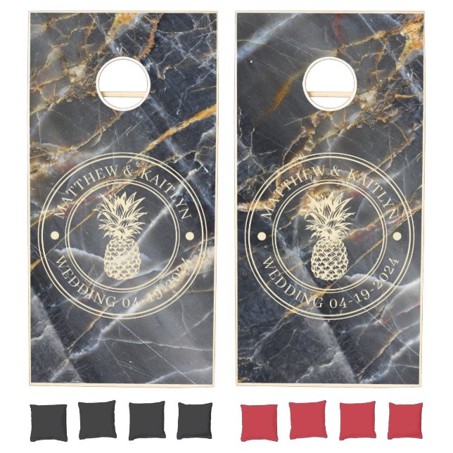Black Marble Gold Pineapple Wedding Crest & Names Cornhole Set (Set)