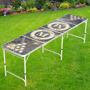 Black Marble & Gold Stone Family Monogram & Name Beer Pong Table