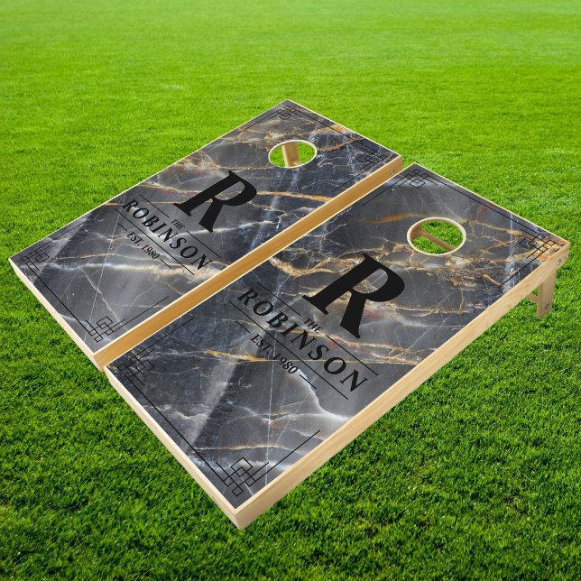 Black Marble & Gold Stone Family Name & Initial Cornhole Set (Creator Uploaded)