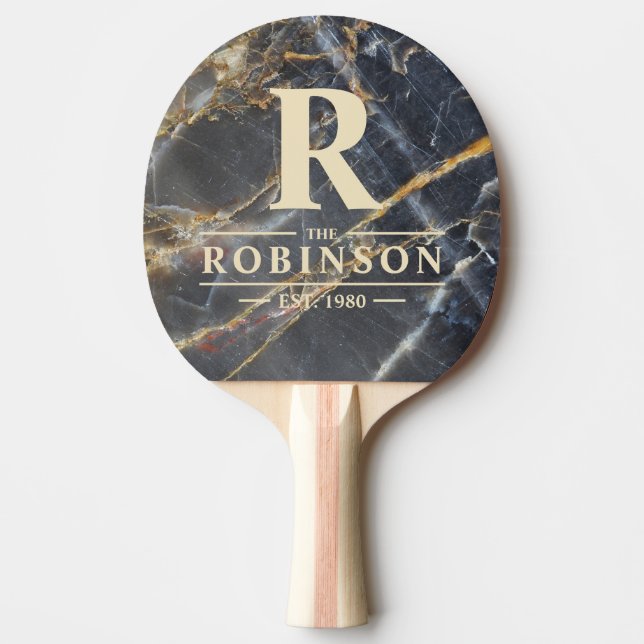 Black Marble & Gold Stone Family Name & Initial Ping Pong Paddle (Front)