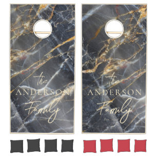 Black Marble & Gold Stone Hand Written Family Name Cornhole Set