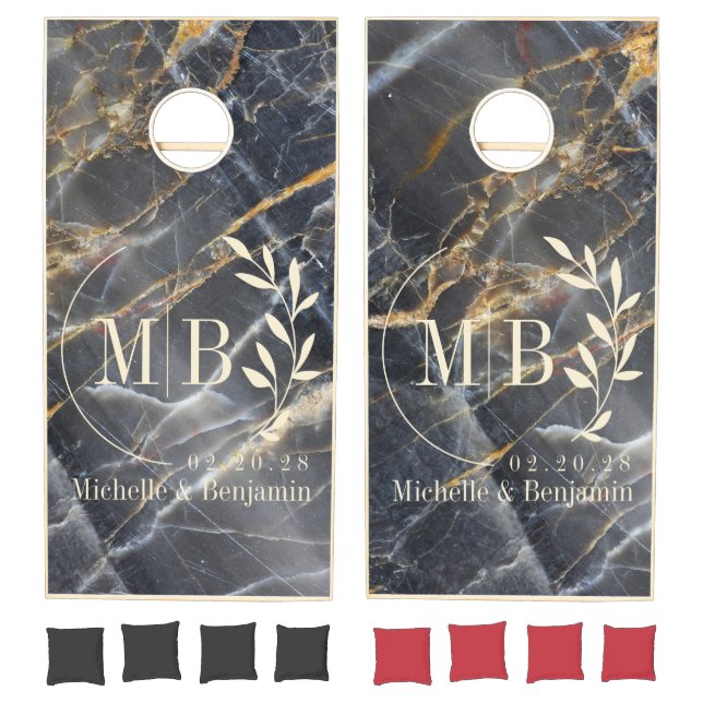 Black Marble & Gold Stone Leaf Wedding Monogram Cornhole Set (Set)