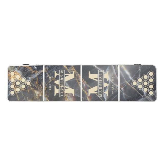 Black Marble & Gold Stone Monogram & Name Overlay Beer Pong Table (Top)
