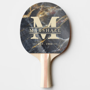 Black Marble & Gold Stone Monogram & Name Overlay Ping Pong Paddle