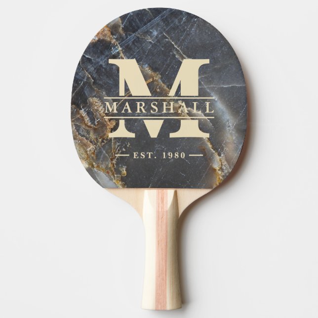 Black Marble & Gold Stone Monogram & Name Overlay Ping Pong Paddle (Front)