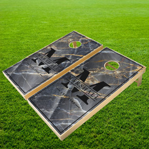 Black Marble & Gold Stone Name & Initial Cornhole Set