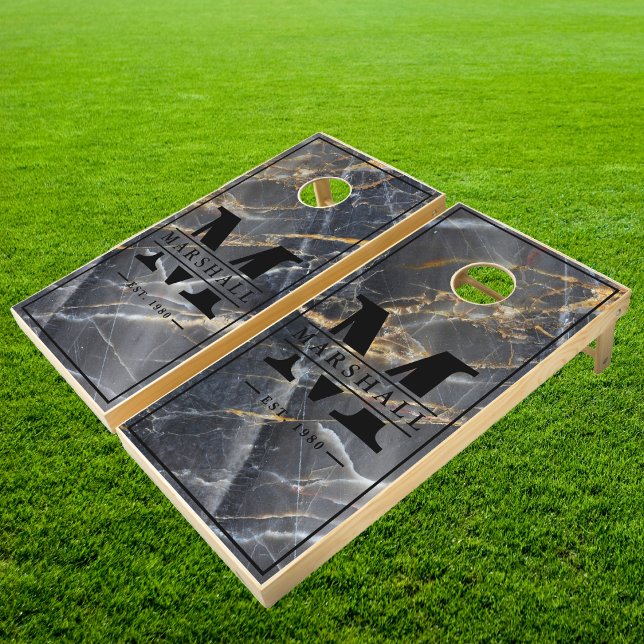 Black Marble & Gold Stone Name & Initial  Cornhole Set (Creator Uploaded)