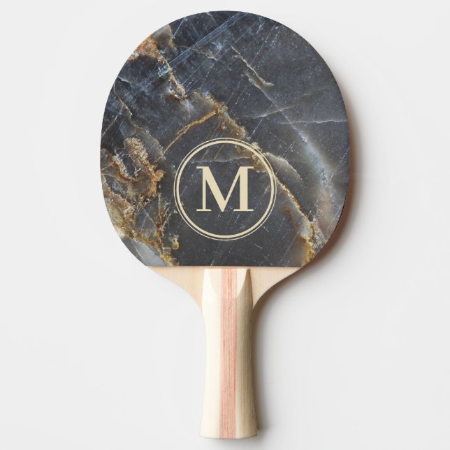 Black Marble & Gold Stone Stone Monogram Ping Pong Paddle (Front)