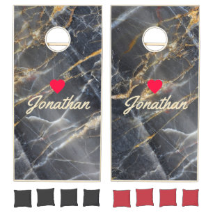 Black Marble & Gold Stone Vintage Heart Signature Cornhole Set
