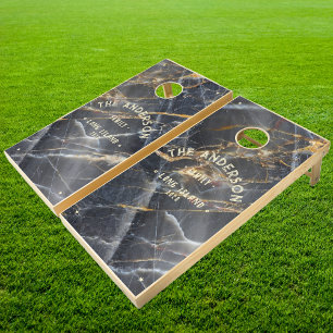 Black Marble & Gold Stone Vintage Seaside Family Cornhole Set