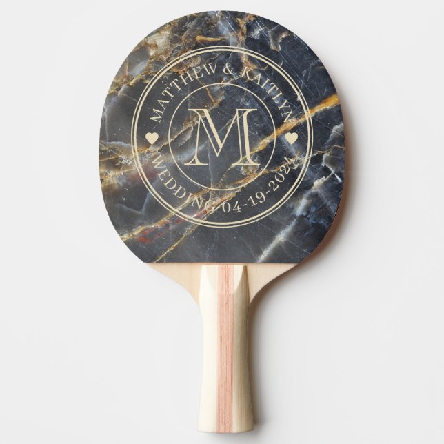 Black Marble & Gold Stone Wedding Monogram Heart Ping Pong Paddle (Front)