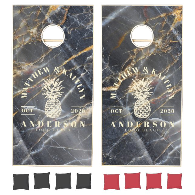 Black Marble Gold Tropical Pineapple Wedding Crest Cornhole Set (Set)