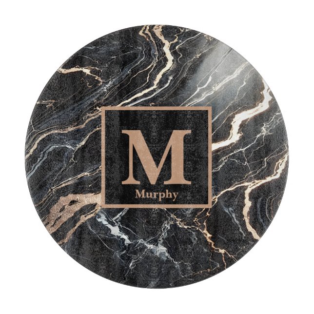 Black Marble & Gold Vein Monogram  Cutting Board (Front)