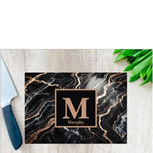 Black Marble & Gold Vein Monogram  Cutting Board